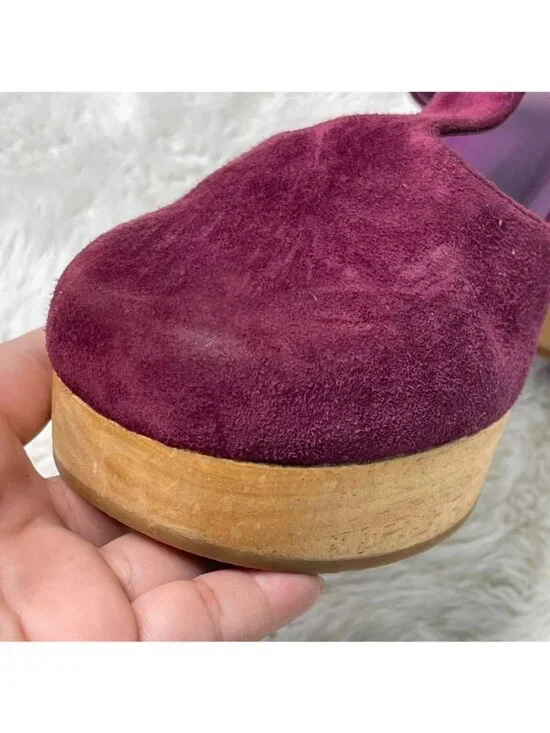 Charlotte Stone Maud T-Strap Clogs Burgundy Suede Wooden Platform Heels Size 8 - Picture 8 of 16